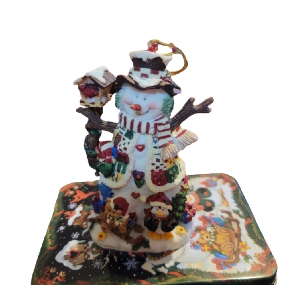 SNOWMAN Grandeur Noel Holiday Ornament With Tin Box Snowman